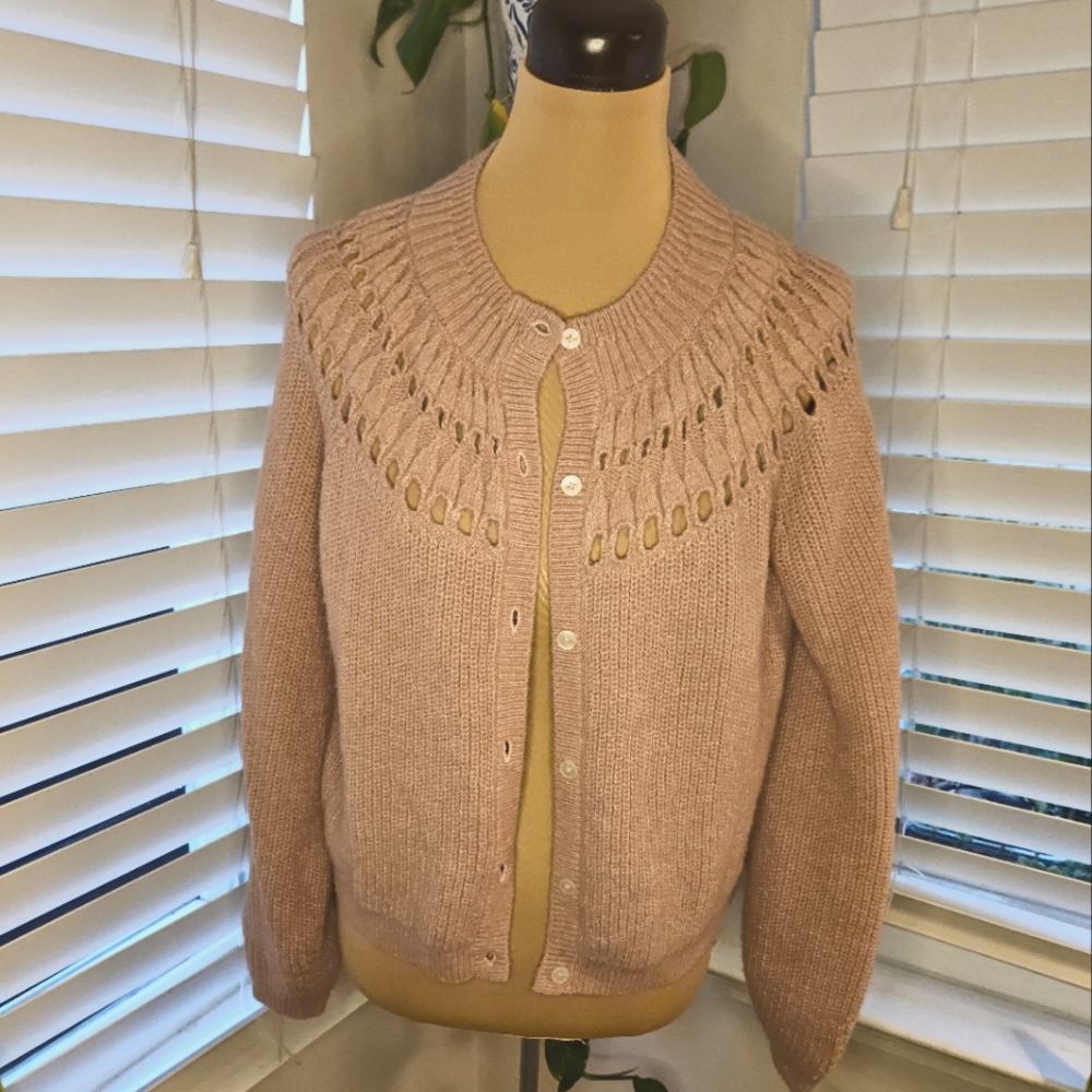 Boden Pink Cardigan Sweater with Intricate Yoke Design